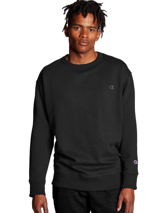 Champion Mens Sweatshirt NZ - Powerblend Fleece Crew C Logo Black ( 6409-WSXKI )